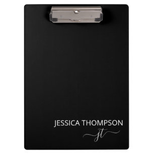 Modern Black Simple Script Girly Monogram Name Clipboard