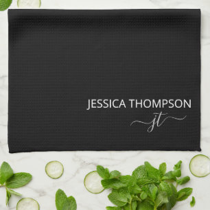 Modern Black Simple Script Girly Monogram Name  Kitchen Towel