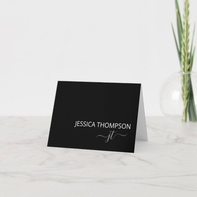 Modern Black Simple Script Girly Monogram Name  Note Card (Front)