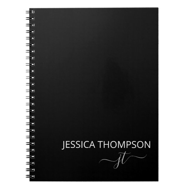 Modern Black Simple Script Girly Monogram Name Notebook (Front)