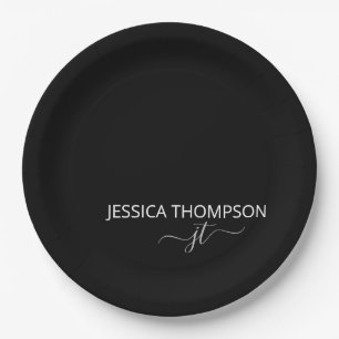 Modern Black Simple Script Girly Monogram Name  Paper Plate