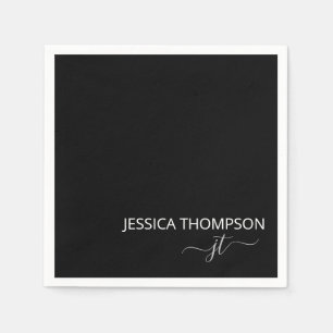 Modern Black Simple Script Monogram Name Cocktail  Napkin