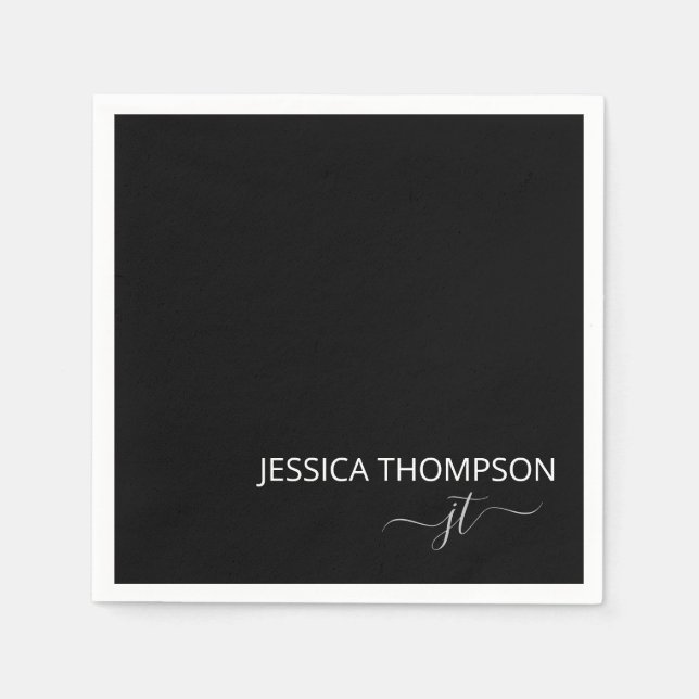 Modern Black Simple Script Monogram Name Cocktail  Napkin (Front)
