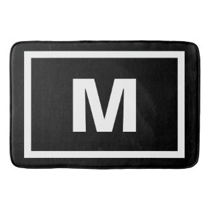 Modern Black Simple White Frame & Monogram Letter Bath Mat
