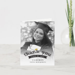 Modern Black Sketch Graduation Cap Photo Graduate Thank You Card