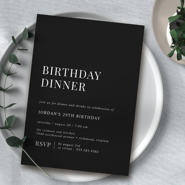 Modern Black | Sleek Minimalist Birthday Dinner Invitation (Creator Uploaded)