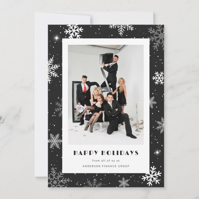 Modern Black Snowflake Photo Corporate Business Holiday Card (Front)