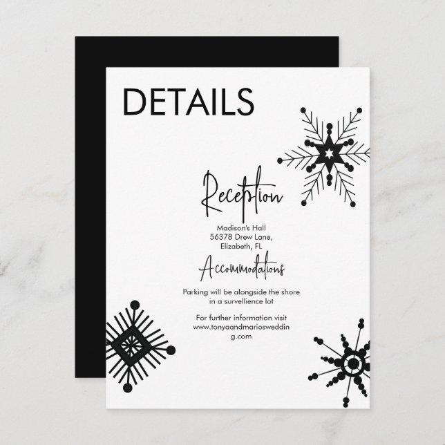 Modern Black Snowflake Wedding Details Invitation (Front/Back)