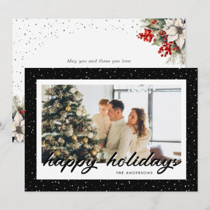 Modern Black Snowy Watercolor Botanical Photo Holiday Card