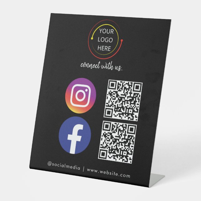 Modern black Social Media QR Code Pedestal Sign (Front)