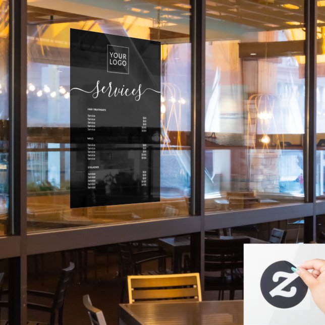 Modern Black Spa Salon Service Menu Custom Logo Window Cling (Restaurant Window)