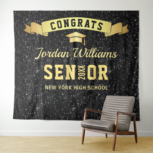 Modern Black Sparkle Graduation Photo Backdrop Tapestry (In Situ (Horizontal))