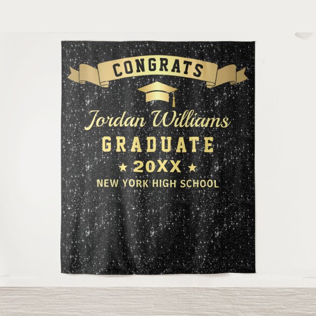 Modern Black Sparkle Graduation Photo Backdrop Tapestry (Front)
