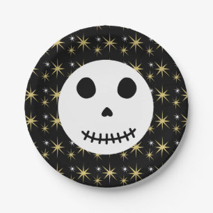 Modern Black Spooky Halloween Skull  Paper Plate