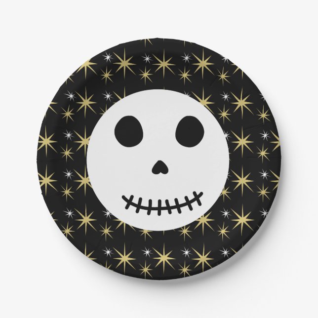 Modern Black Spooky Halloween Skull  Paper Plate (Front)