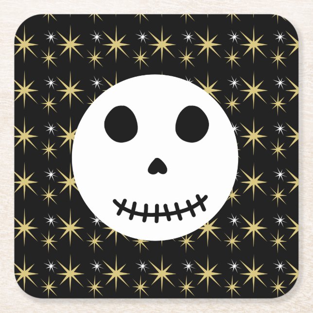 Modern Black Spooky Halloween Skull  Square Paper Coaster (Front)