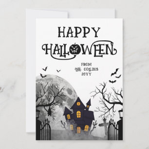Modern Black Spooky Haunted House Happy Halloween Holiday Card