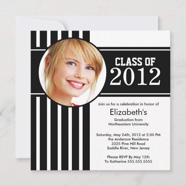 Modern Black Stripe Photo Graduation Party Invitation (Front)