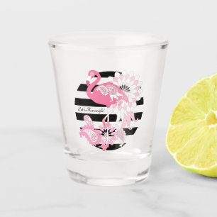 Modern Black Stripe Pink Flamingo Shot Glass