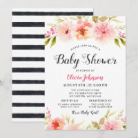 Modern Black Stripe Pink Floral Girl Shower