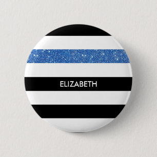 Modern Black Stripes FAUX Blue Glitz and Name 2 Inch Round Button