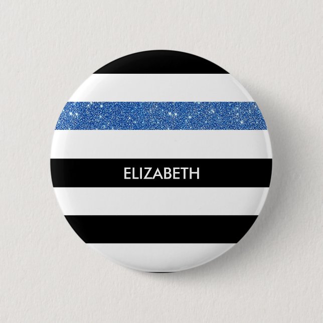 Modern Black Stripes FAUX Blue Glitz and Name 2 Inch Round Button (Front)
