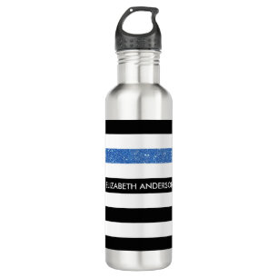 Modern Black Stripes FAUX Blue Glitz and Name 710 Ml Water Bottle