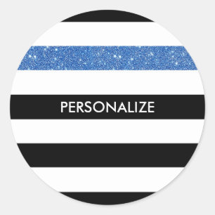 Modern Black Stripes FAUX Blue Glitz and Name Classic Round Sticker