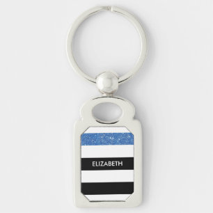 Modern Black Stripes FAUX Blue Glitz and Name Keychain