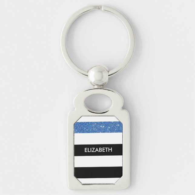Modern Black Stripes FAUX Blue Glitz and Name Keychain (Front)