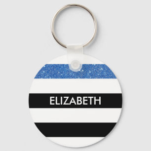 Modern Black Stripes FAUX Blue Glitz and Name Keychain