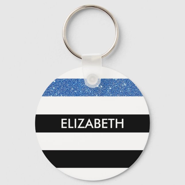 Modern Black Stripes FAUX Blue Glitz and Name Keychain (Front)