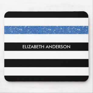 Modern Black Stripes FAUX Blue Glitz and Name Mouse Pad