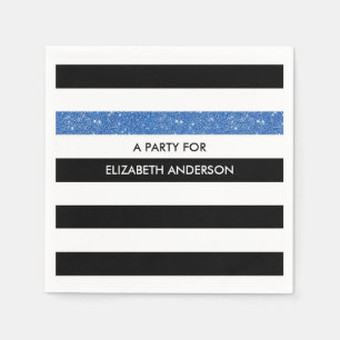 Modern Black Stripes FAUX Blue Glitz and Name Napkin