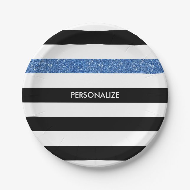 Modern Black Stripes FAUX Blue Glitz and Name Paper Plate (Front)
