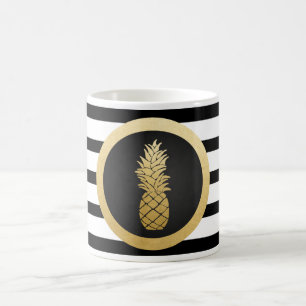 Modern Black Stripes Faux Gold Foil Pineapple Coffee Mug