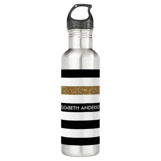 Modern Black Stripes FAUX Gold Glitz and Name 710 Ml Water Bottle (Front)