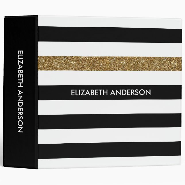 Modern Black Stripes FAUX Gold Glitz and Name Binder (Front/Spine)