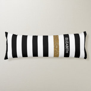 Modern Black Stripes FAUX Gold Glitz and Name Body Pillow