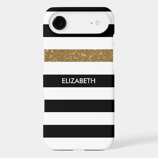 Modern Black Stripes FAUX Gold Glitz and Name Case-Mate iPhone Case (Back)