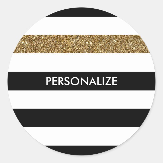 Modern Black Stripes FAUX Gold Glitz and Name Classic Round Sticker (Front)