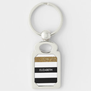 Modern Black Stripes FAUX Gold Glitz and Name Keychain