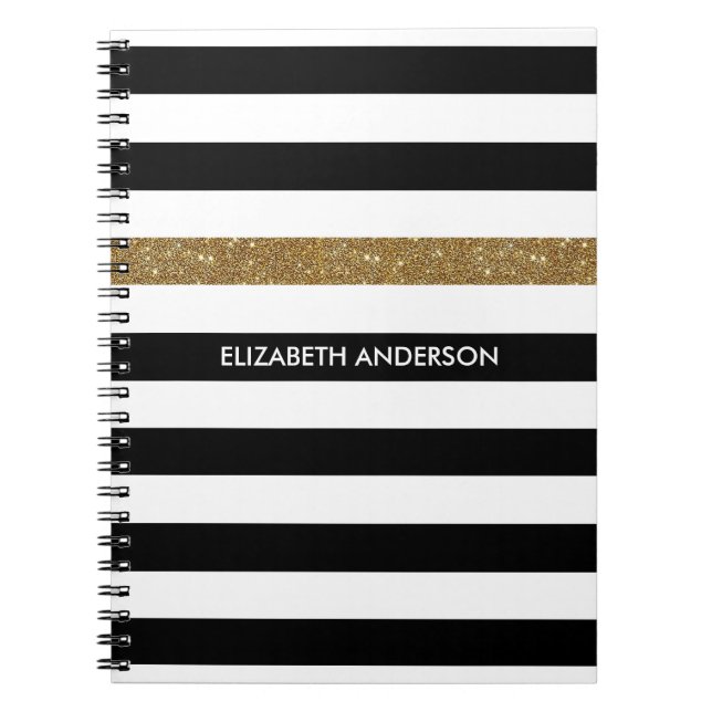 Modern Black Stripes FAUX Gold Glitz and Name Notebook (Front)