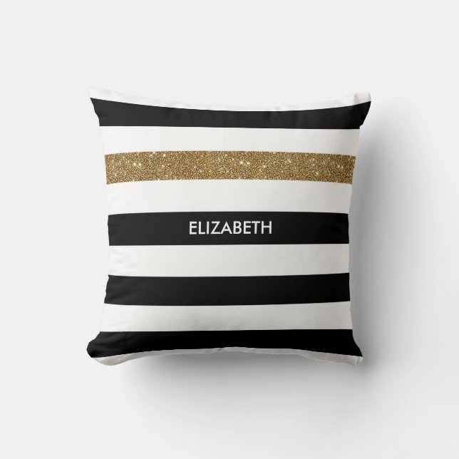 Modern Black Stripes FAUX Gold Glitz and Name Throw Pillow (Front)