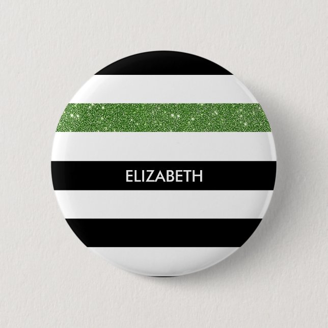 Modern Black Stripes FAUX Green Glitz and Name 2 Inch Round Button (Front)