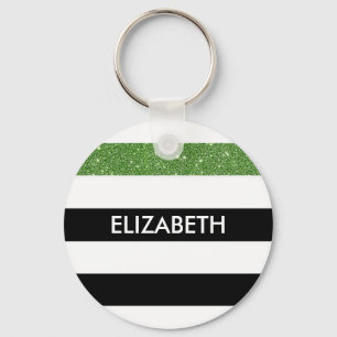Modern Black Stripes FAUX Green Glitz and Name Keychain