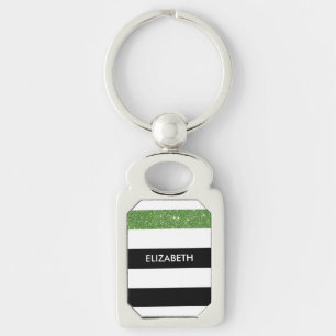 Modern Black Stripes FAUX Green Glitz and Name Keychain