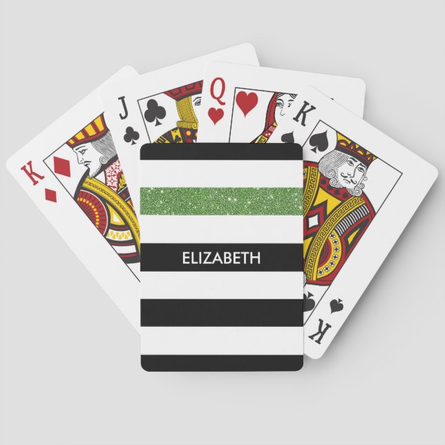Modern Black Stripes FAUX Green Glitz and Name Playing Cards (Back)