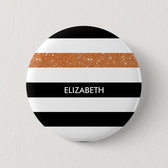 Modern Black Stripes FAUX Orange Glitz and Name 2 Inch Round Button (Front)