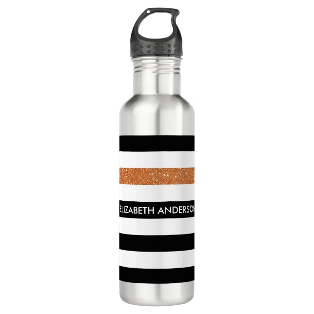 Modern Black Stripes FAUX Orange Glitz and Name 710 Ml Water Bottle (Front)